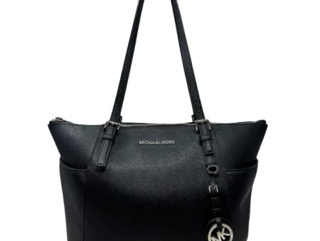 Jet Set East West Silver Tone Logo Charm Tote Designer By Michael Kors In Black Saffiano Leather Size: Medium Cheap